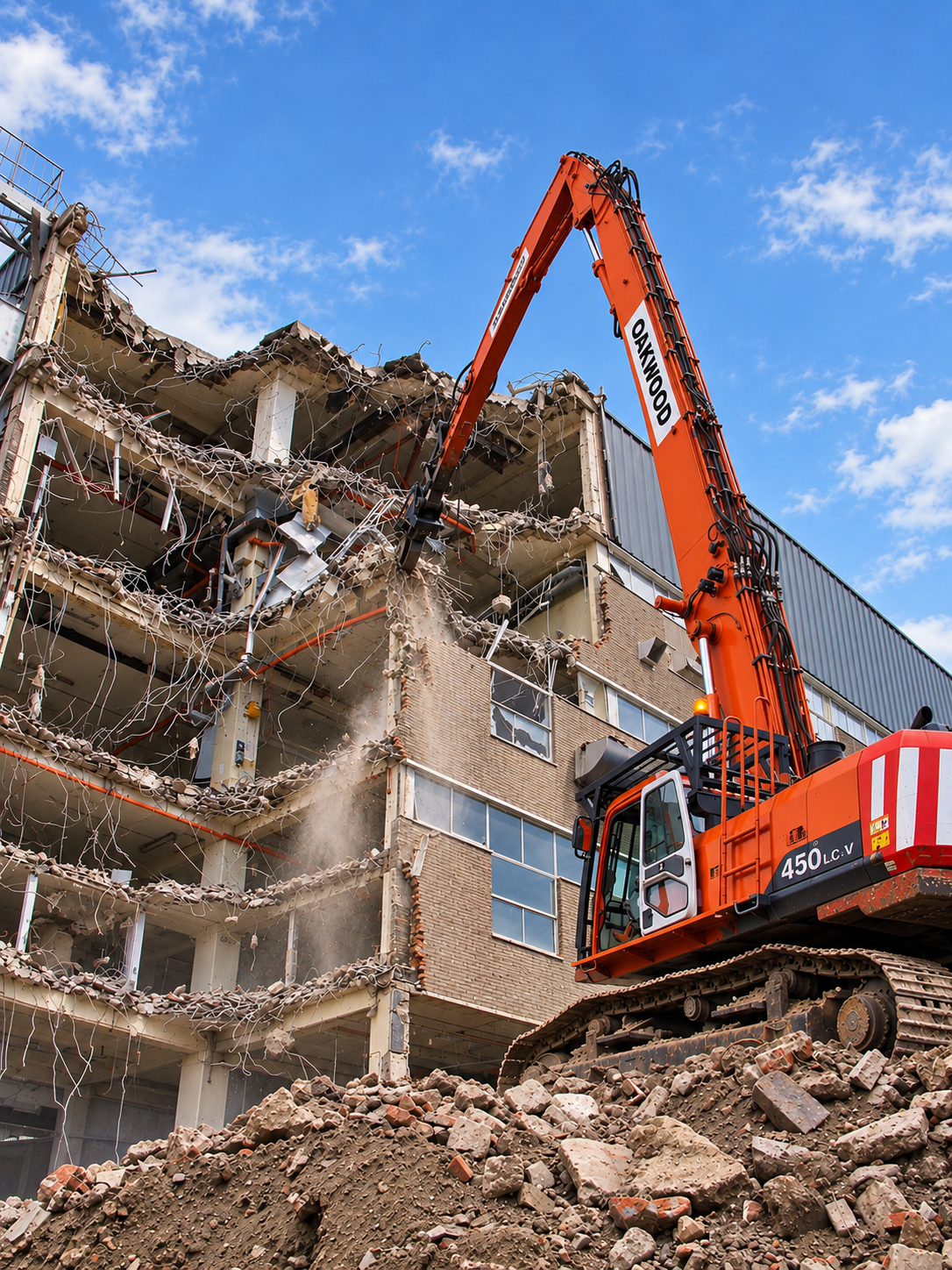 Oakwood high-reach excavator on a demolition site